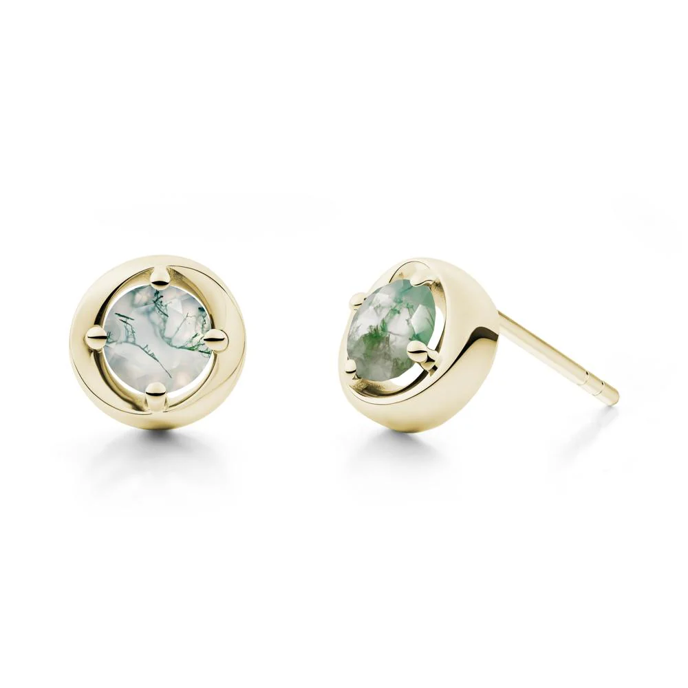 Minimalist Round Moss Agate Stud Earrings