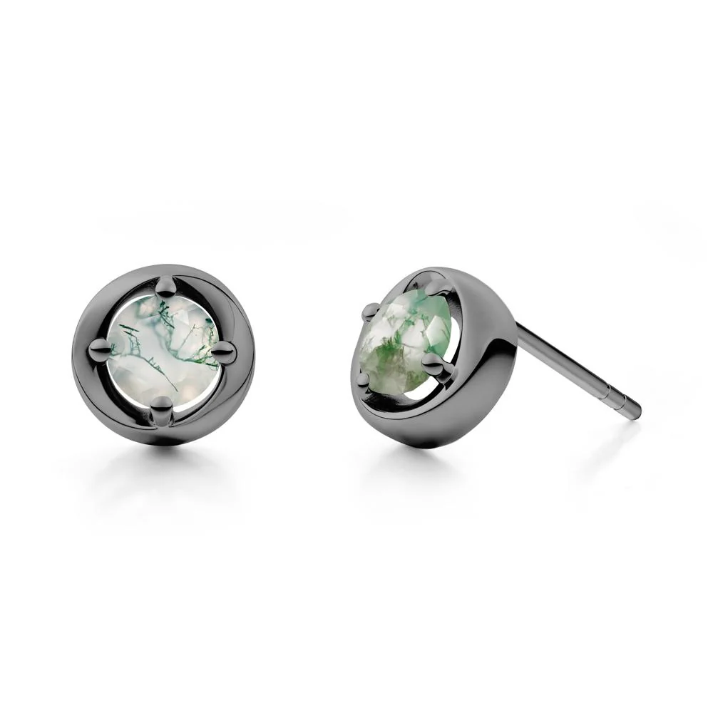 Minimalist Round Moss Agate Stud Earrings - Image 6