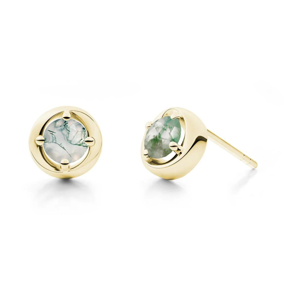 Minimalist Round Moss Agate Stud Earrings - Image 7