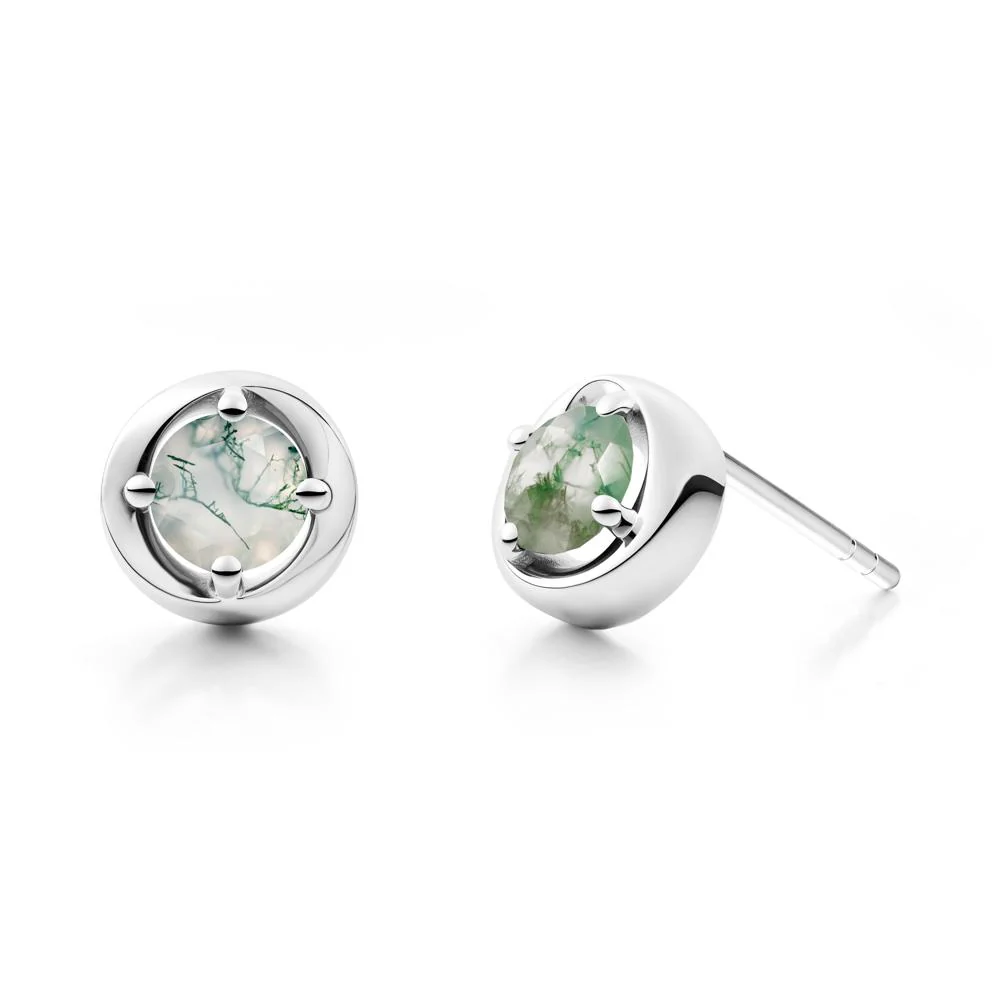 Minimalist Round Moss Agate Stud Earrings - Image 8