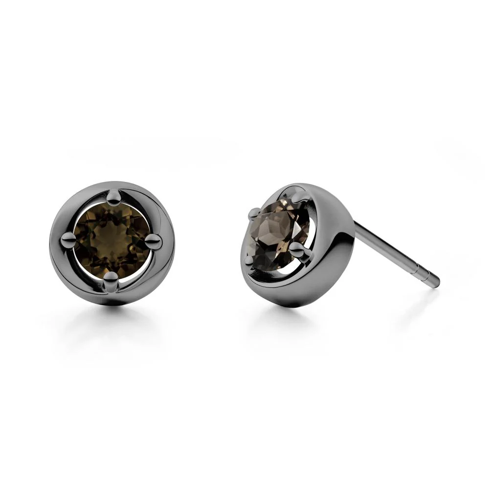 Minimalist Round Smoky Quartz Stud Earrings - Image 2