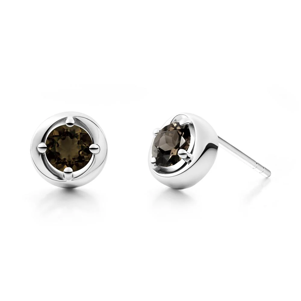 Minimalist Round Smoky Quartz Stud Earrings - Image 9