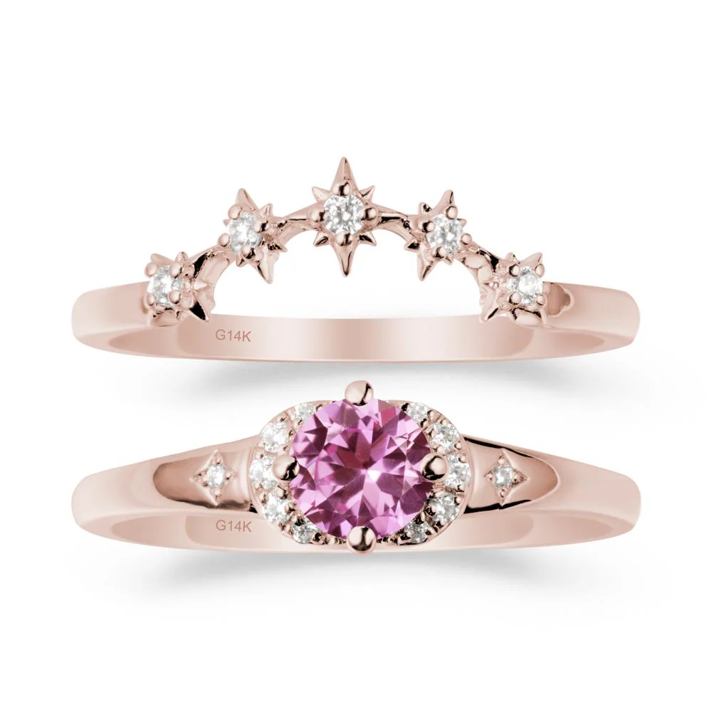 Moon and Star Pink Sapphire Celestial Ring Set