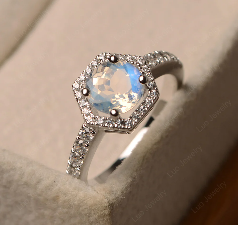 Moonstone Hexagon Halo Engagement Ring - Image 2