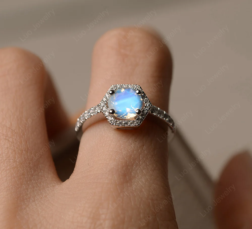 Moonstone Hexagon Halo Engagement Ring - Image 4
