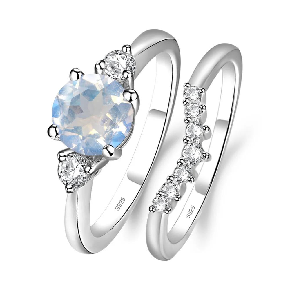 Round Moonstone Wedding Ring Set - Image 2