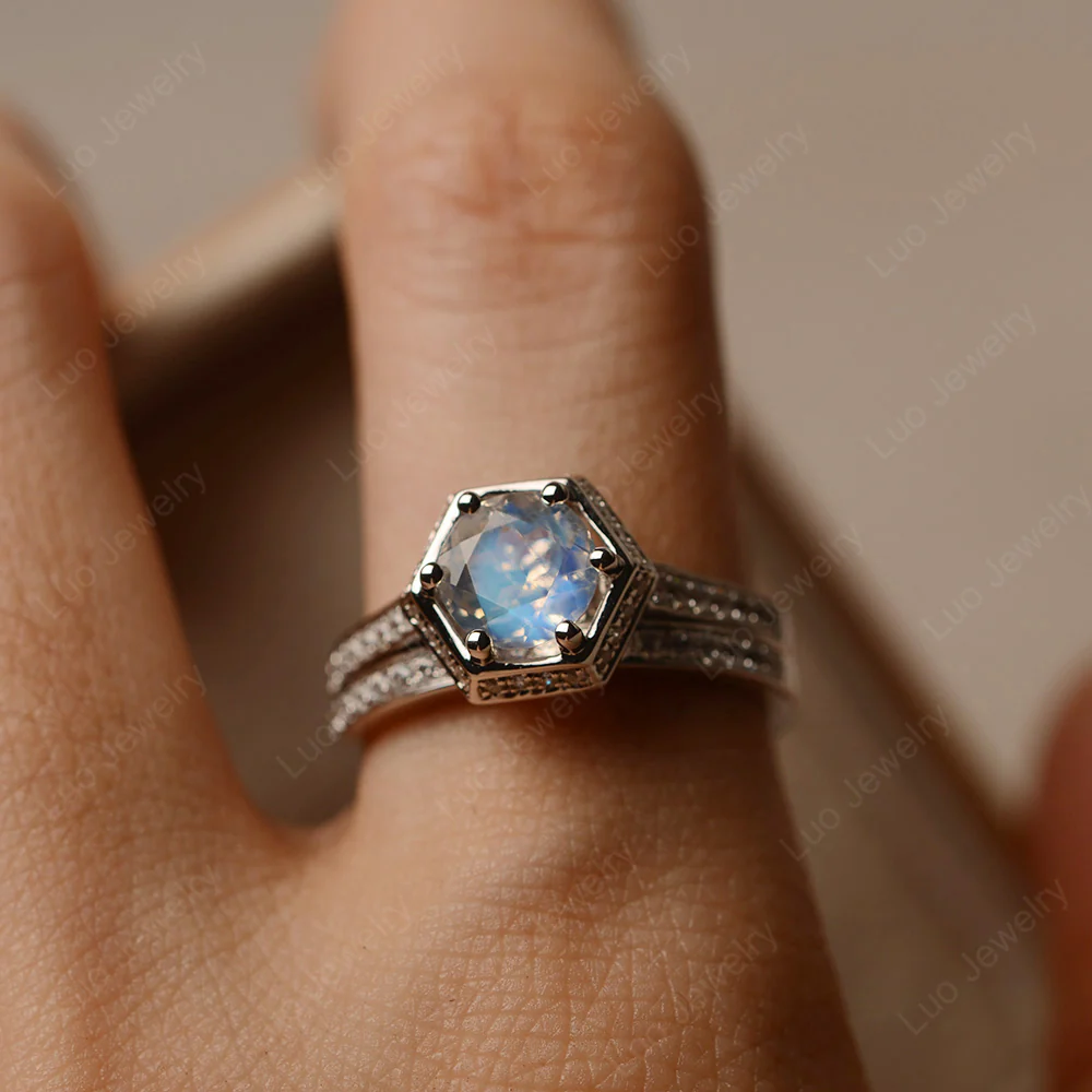 Moonstone 6 Prong Wedding Ring Set - Image 4