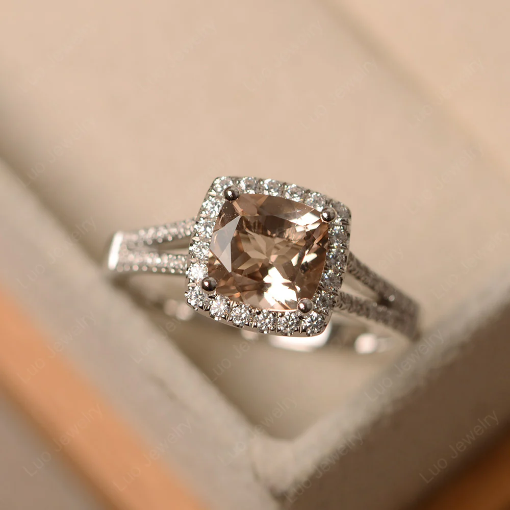 Morganite Cushion Cut Split Shank Halo Ring