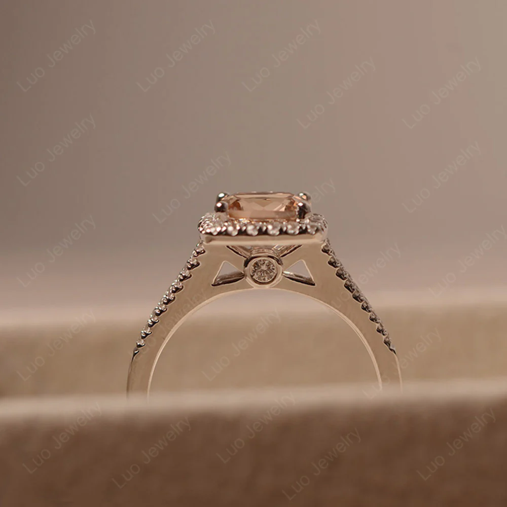 Morganite Cushion Cut Split Shank Halo Ring - Image 4