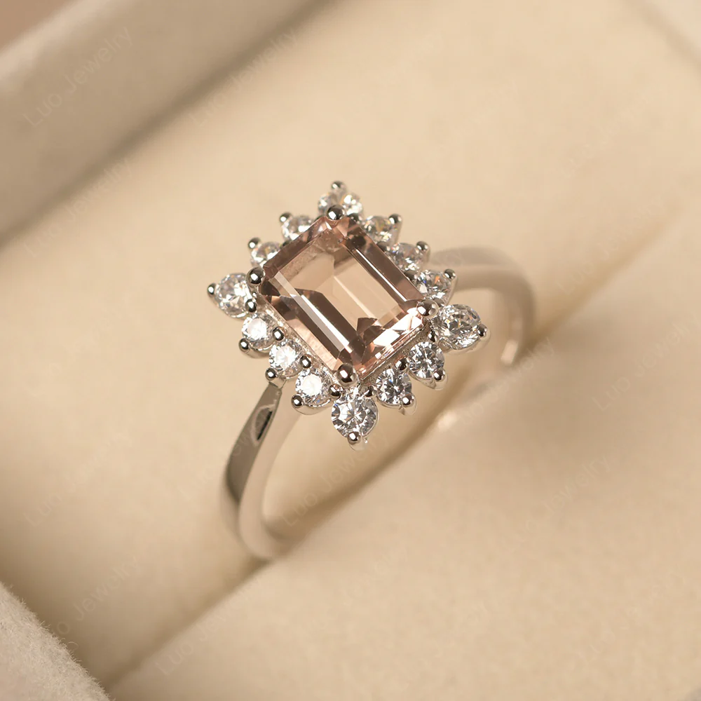 Morganite Emerald Cut Halo Ring