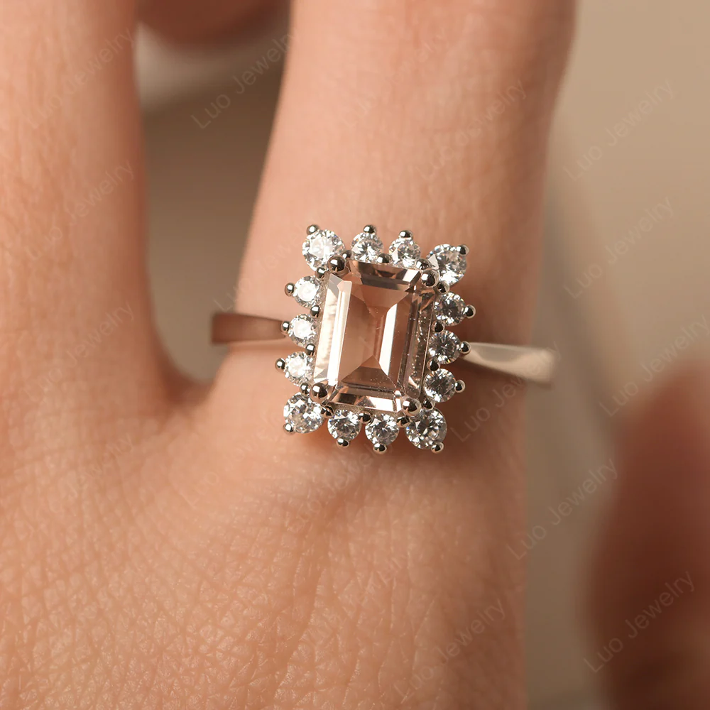 Morganite Emerald Cut Halo Ring - Image 5