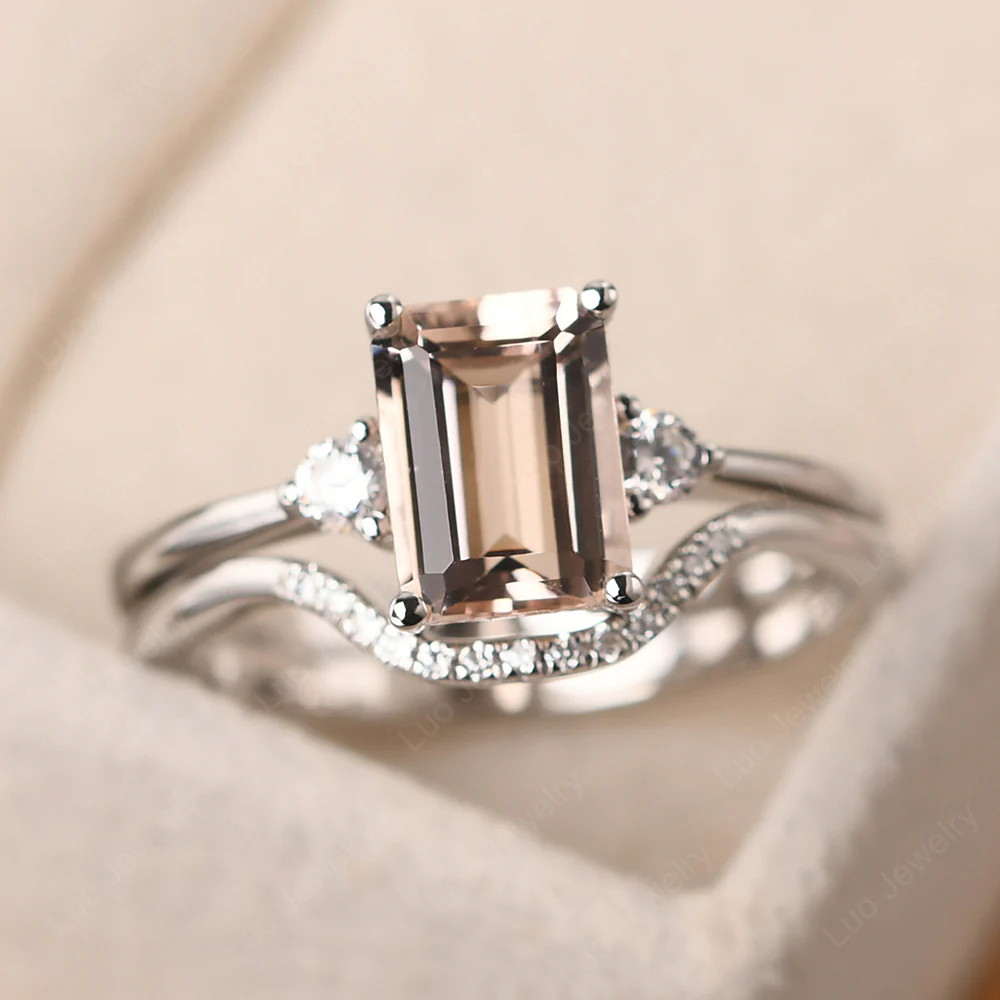 Morganite Emerald Cut Ring with Band - Image 2