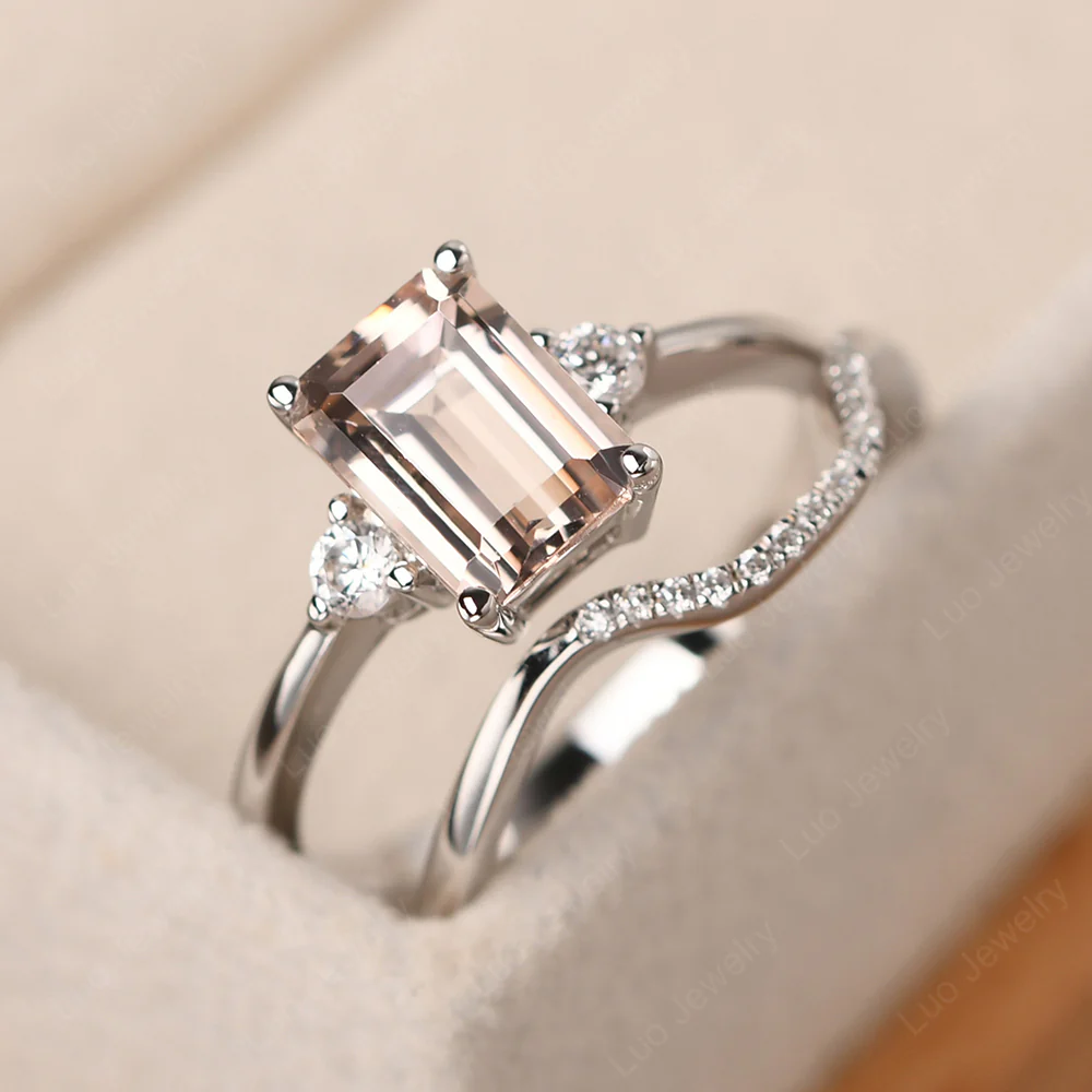 Morganite Emerald Cut Ring with Band - Image 3