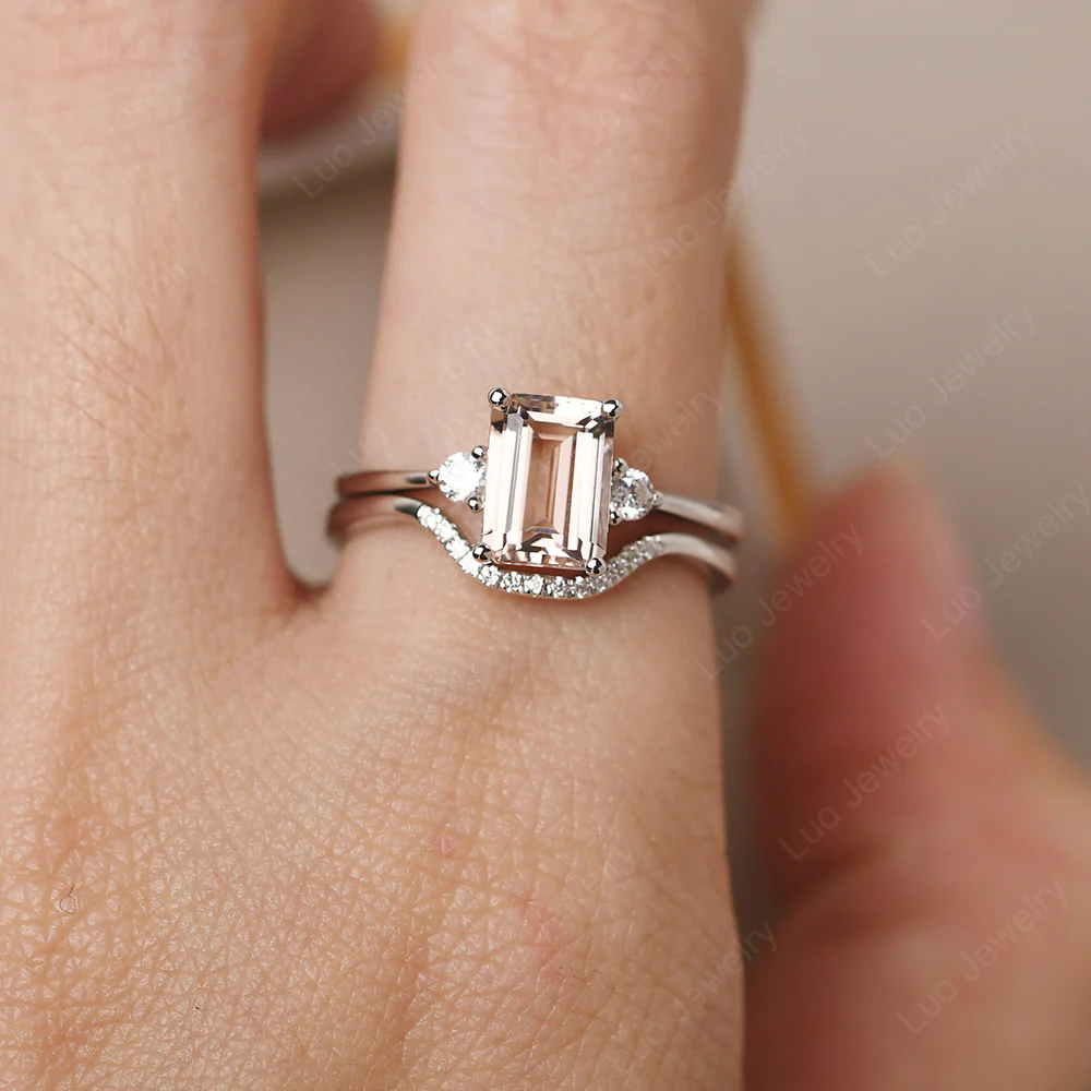Morganite Emerald Cut Ring with Band - Image 6
