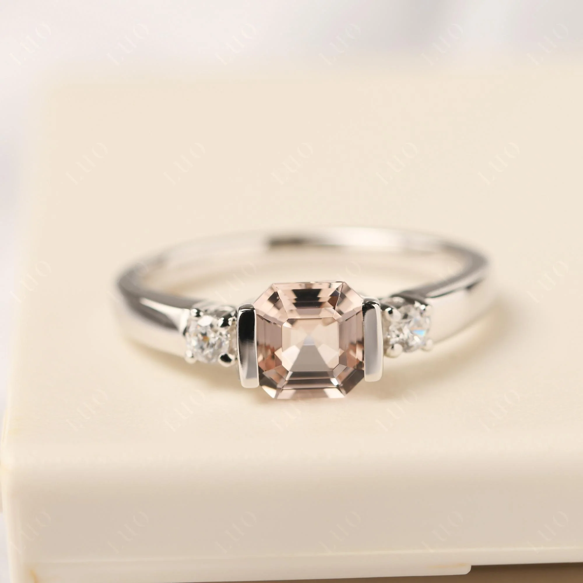 Morganite Half Bezel Set Asscher Cut Ring - Image 10