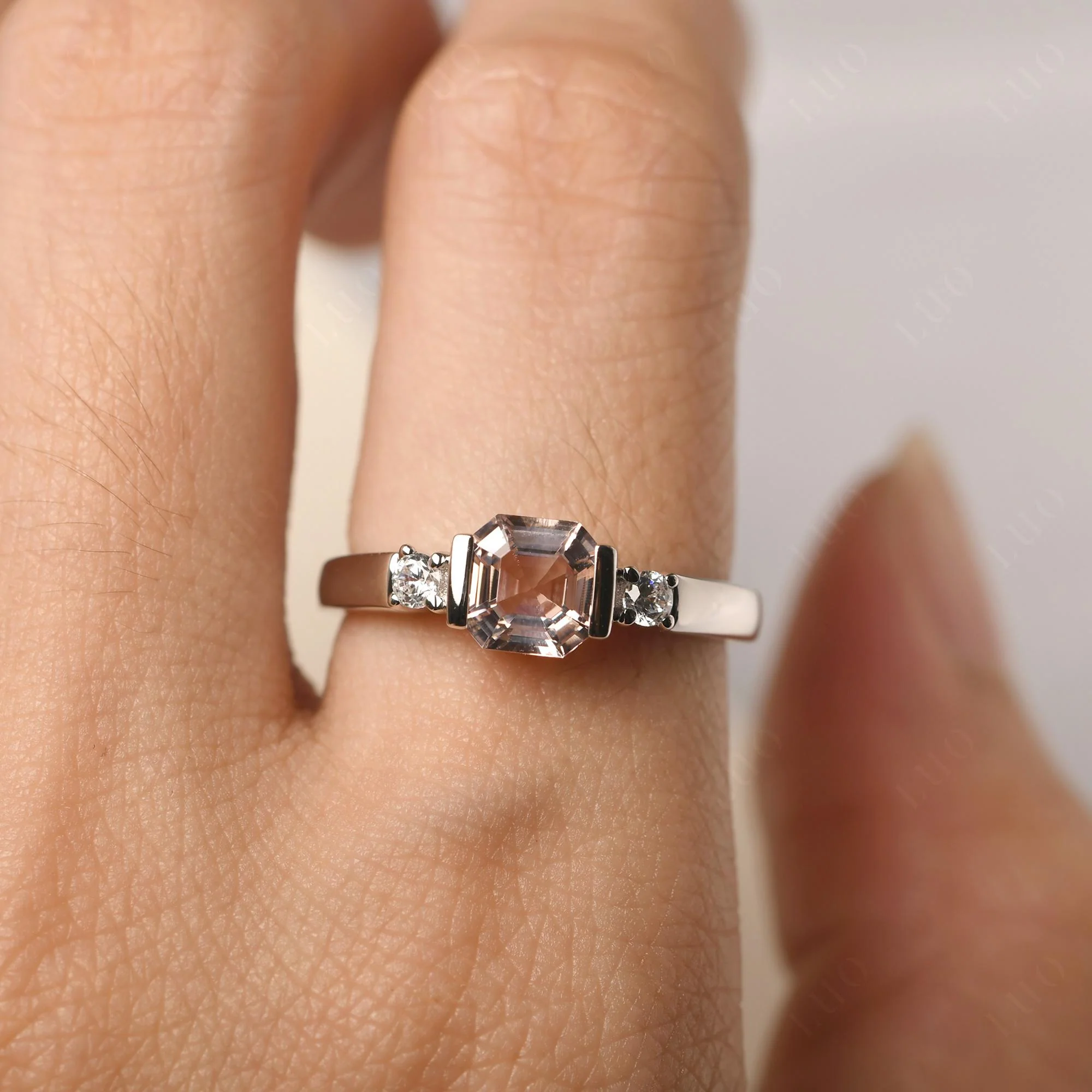 Morganite Half Bezel Set Asscher Cut Ring - Image 14
