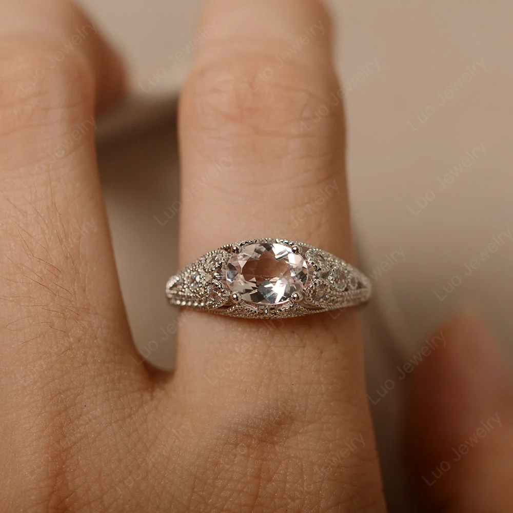 Vintage Horizontal Oval Cut Morganite Ring - Image 6