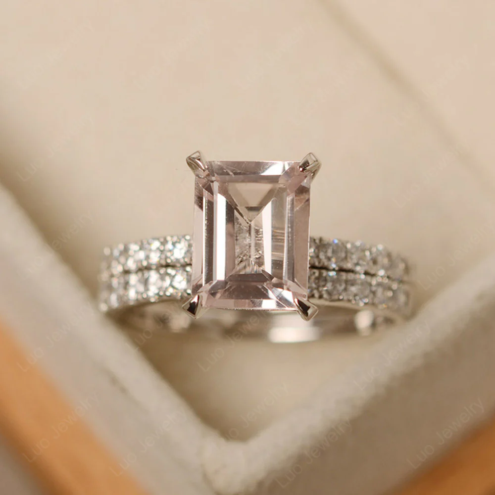 Emerald Cut Morganite Wedding Ring Sets - Image 3
