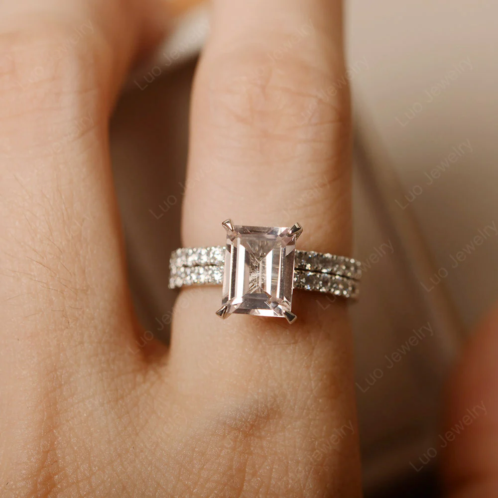 Emerald Cut Morganite Wedding Ring Sets - Image 6
