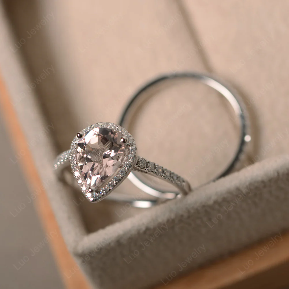 Morganite Pear Engagement Ring with Wedding Band - Image 4