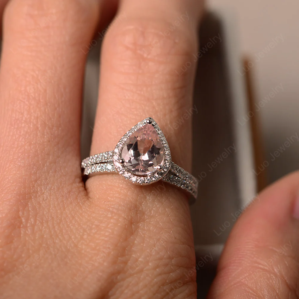Morganite Pear Engagement Ring with Wedding Band - Image 6