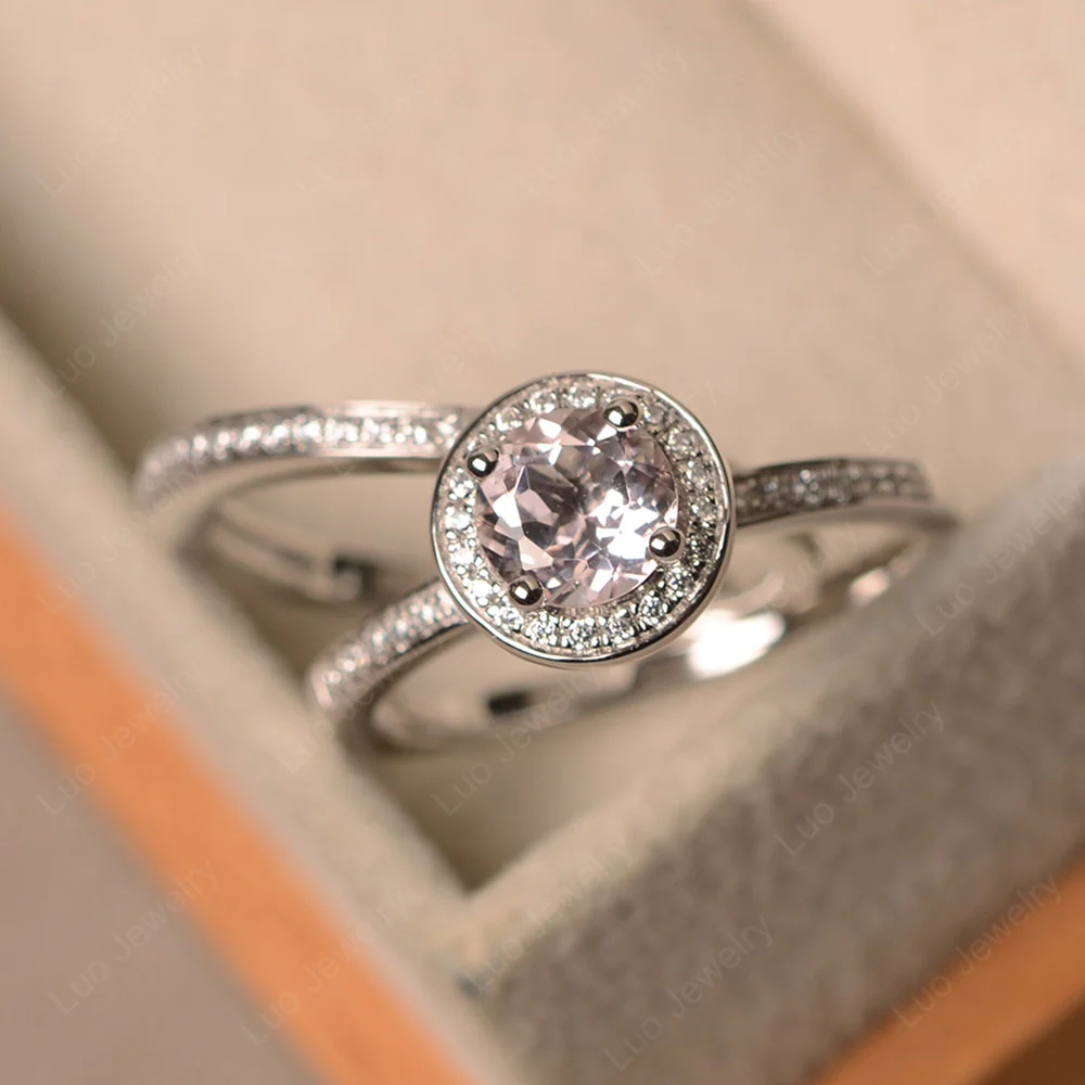 Round Cut Morganite Halo Bridal Set Ring