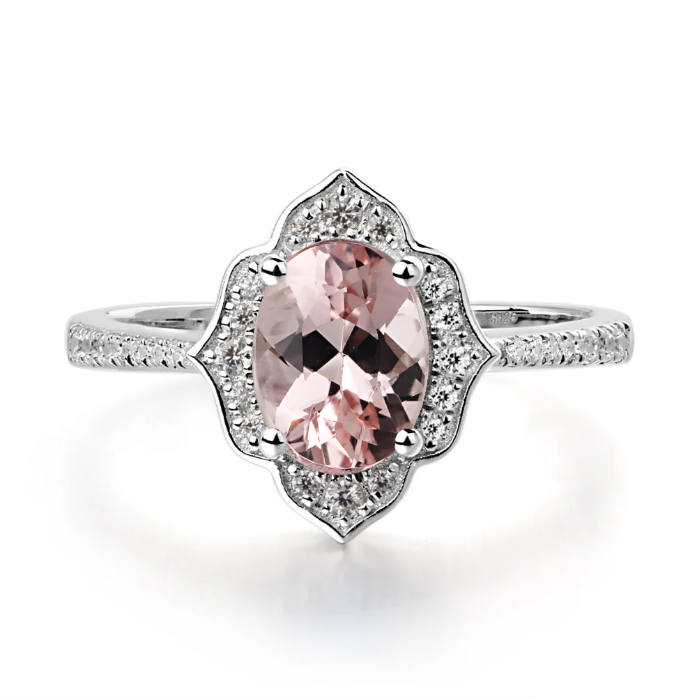 Oval Morganite Floral Halo Engagement Ring
