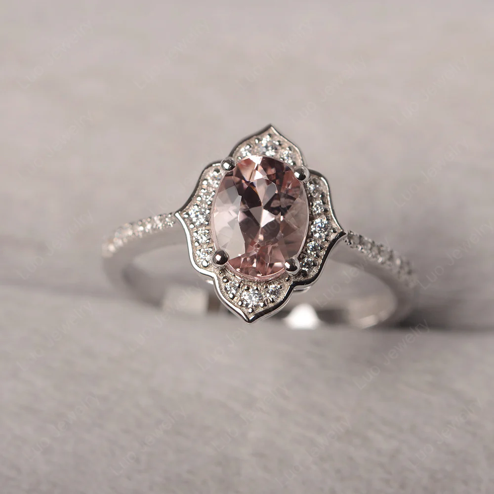 Oval Morganite Floral Halo Engagement Ring - Image 3