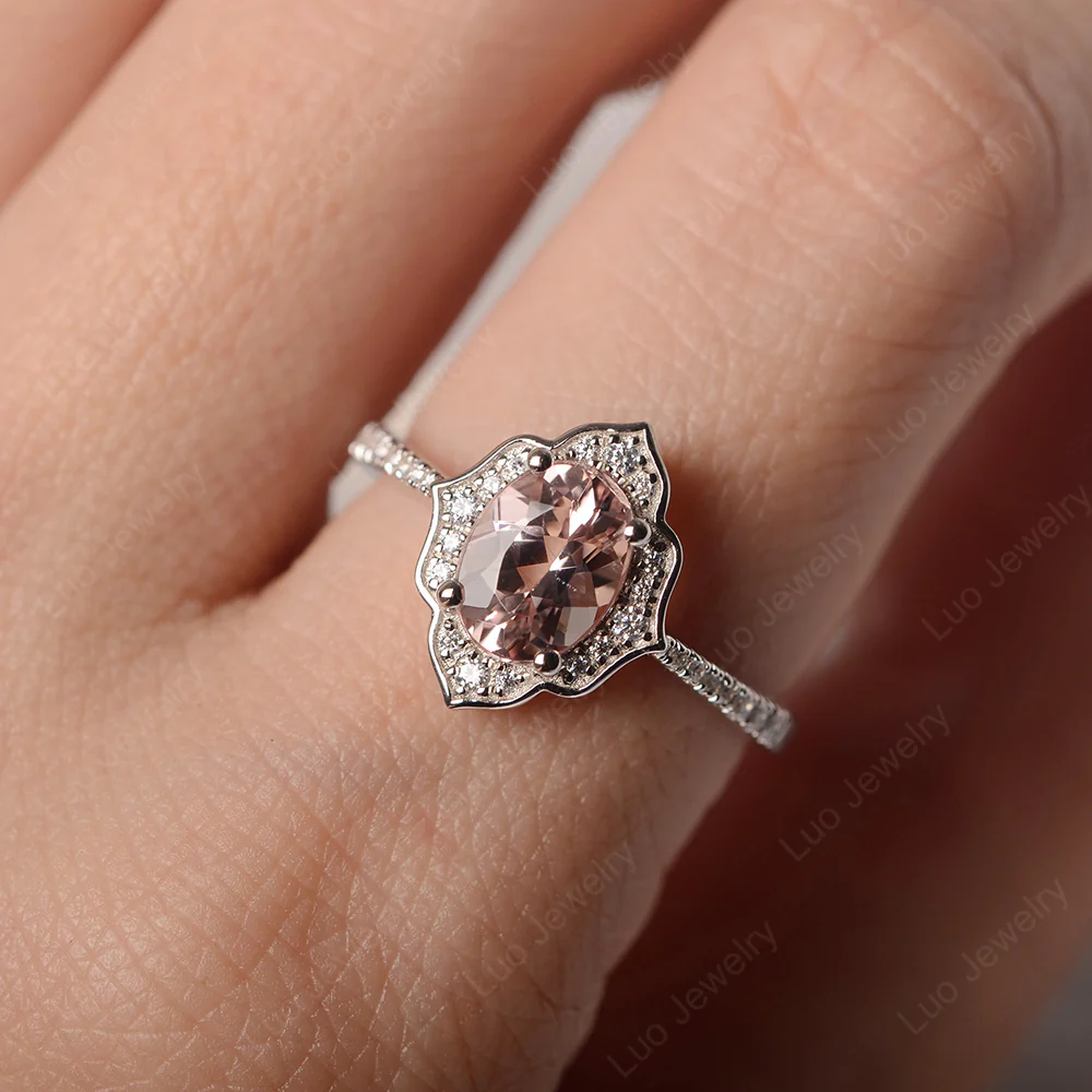 Oval Morganite Floral Halo Engagement Ring - Image 6