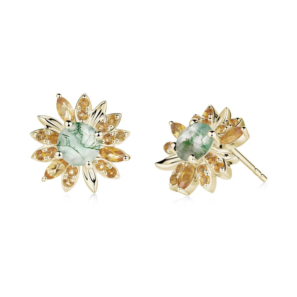 Moss Agate and Citrine Sunflower Pendant Earrings - Image 3