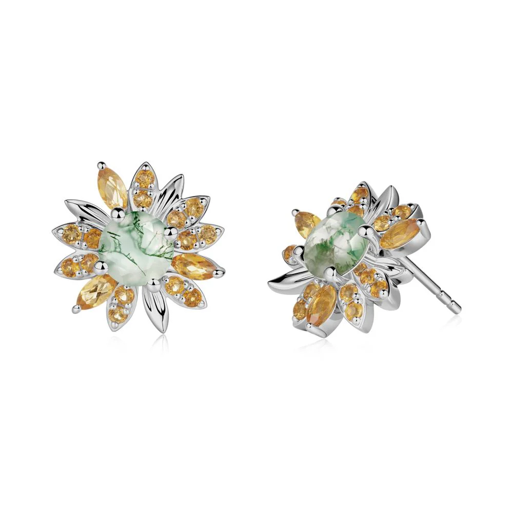 Moss Agate and Citrine Sunflower Pendant Earrings - Image 5