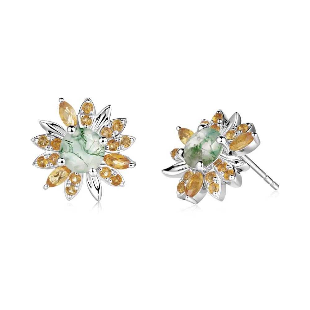 Moss Agate and Citrine Sunflower Pendant Earrings - Image 7