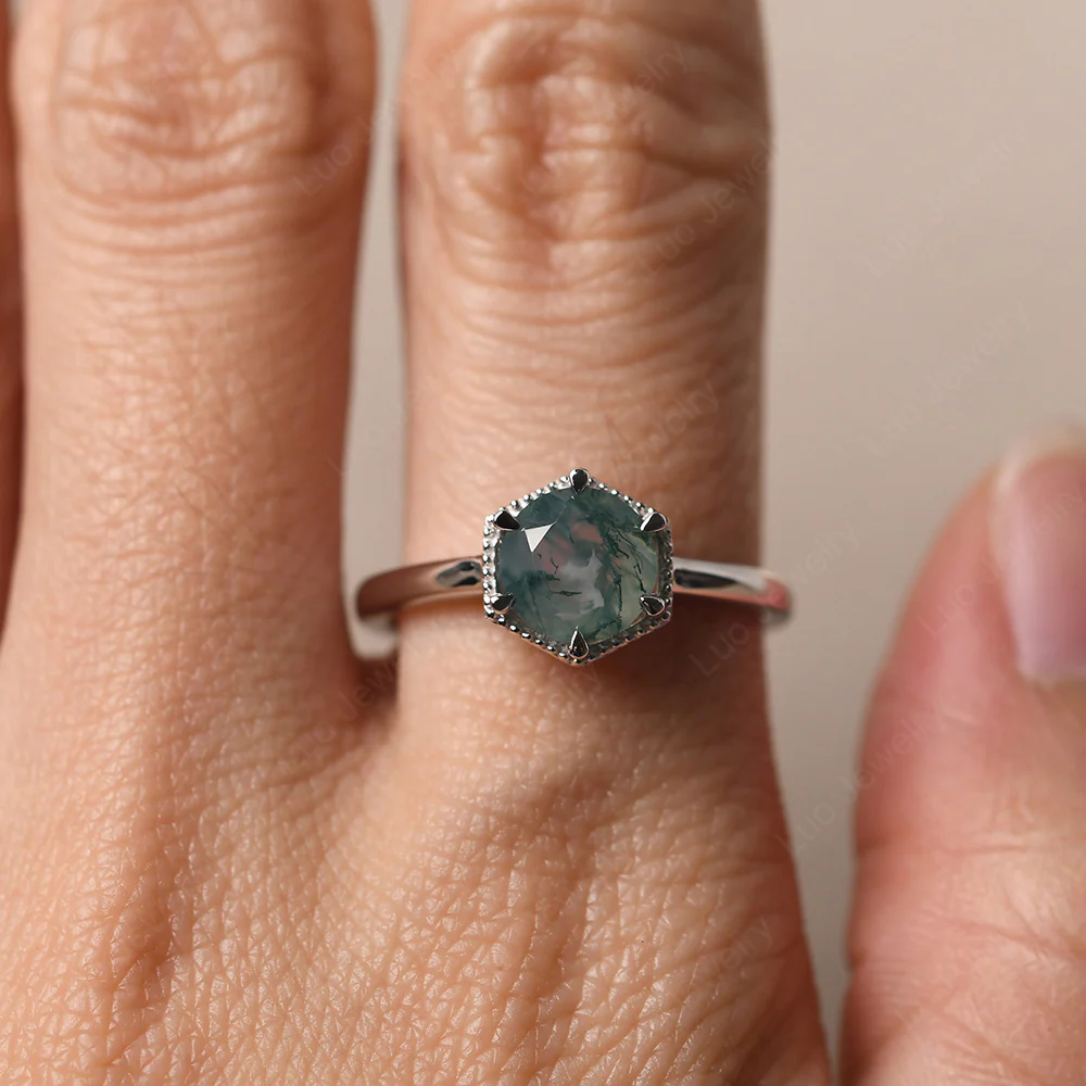 Moss Agate Hexagon Set Solitaire Ring - Image 5