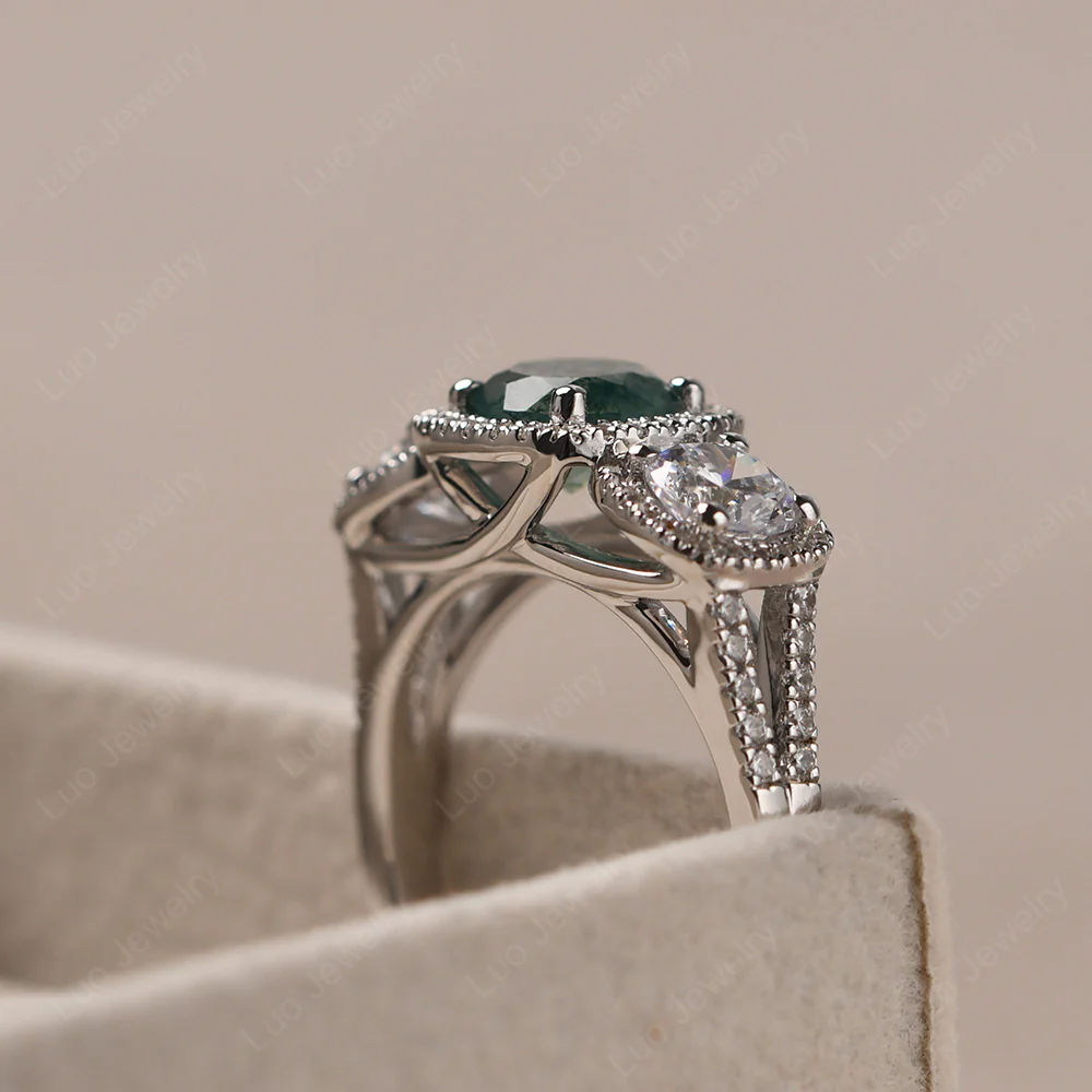 Moss Agate Three Stone Halo Engagement Ring - Image 4