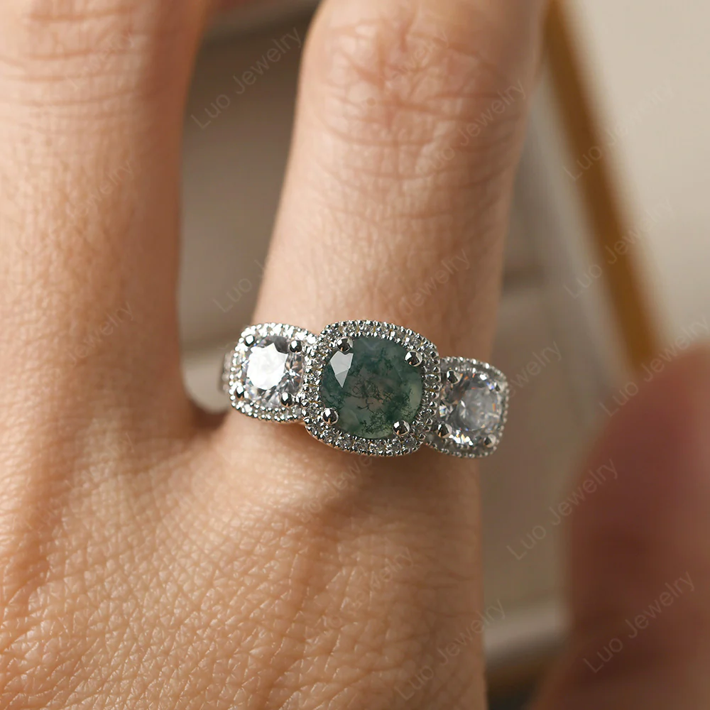 Moss Agate Three Stone Halo Engagement Ring - Image 5