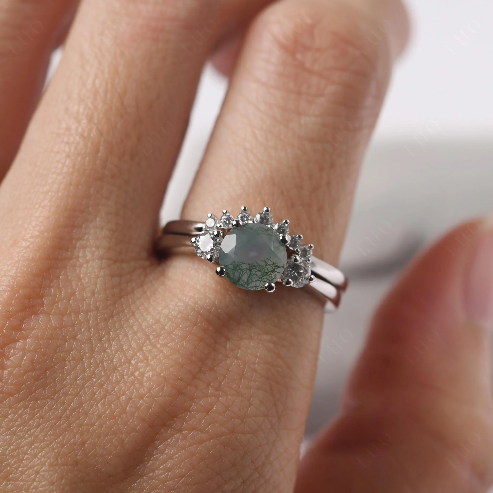 Round Moss Agate Wedding Ring Set - Image 14