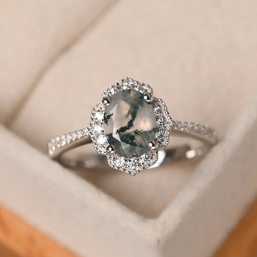 Milgrain Halo Moss Agate Engagement Ring