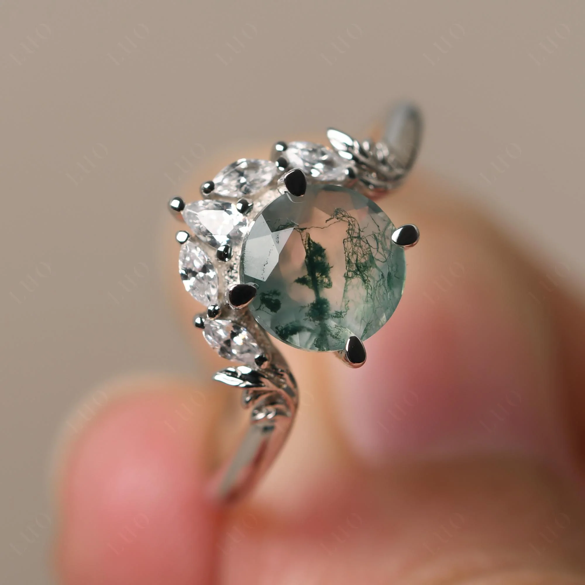 Moss Agate Ring with Marquise Side Stone - Image 29
