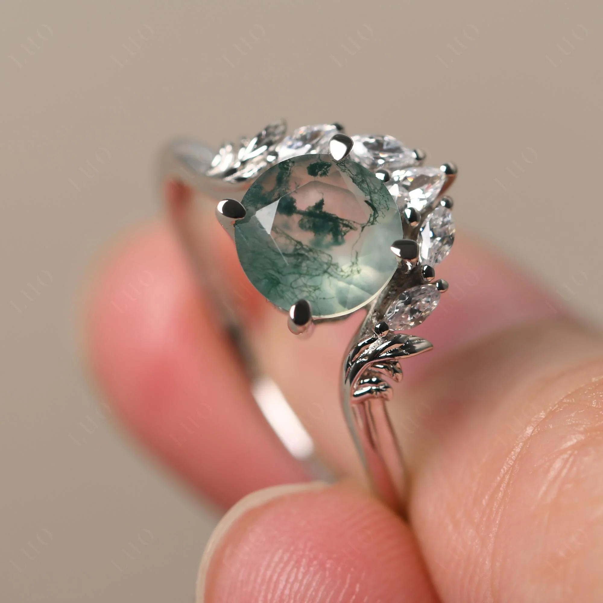 Moss Agate Ring with Marquise Side Stone - Image 30