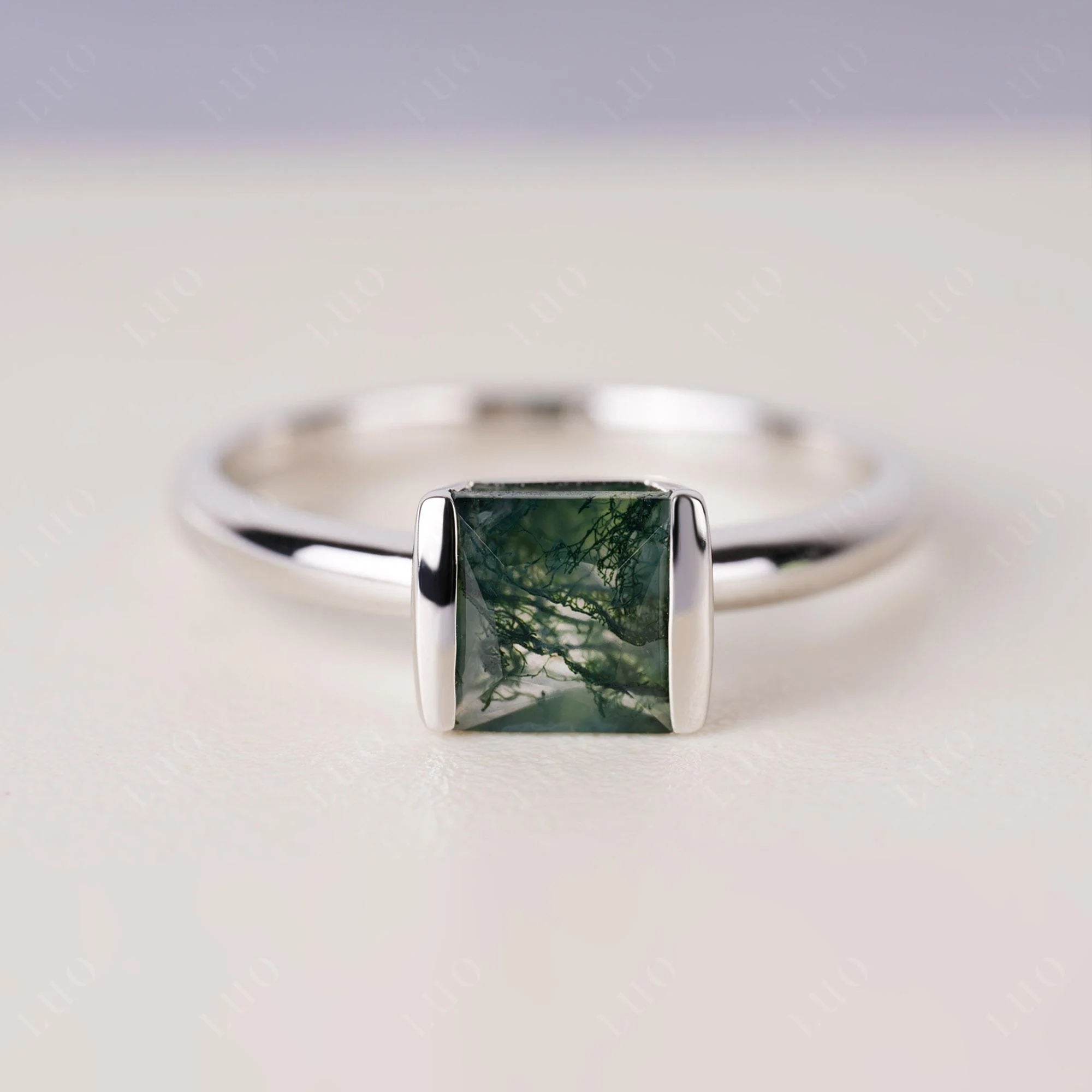 Moss Agate Simple Princess Cut Engagement Ring