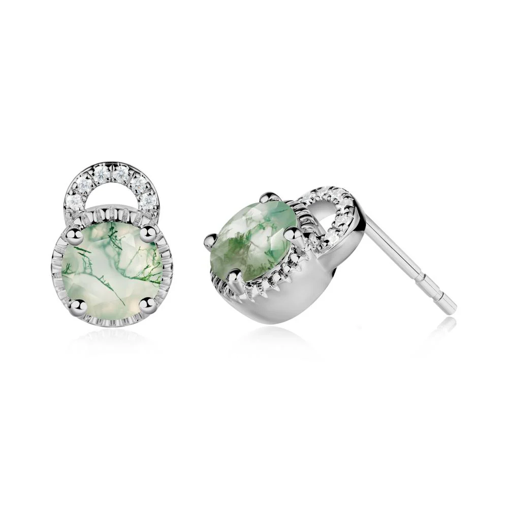 Moss Agate Stud Earrings with Decorative Halo