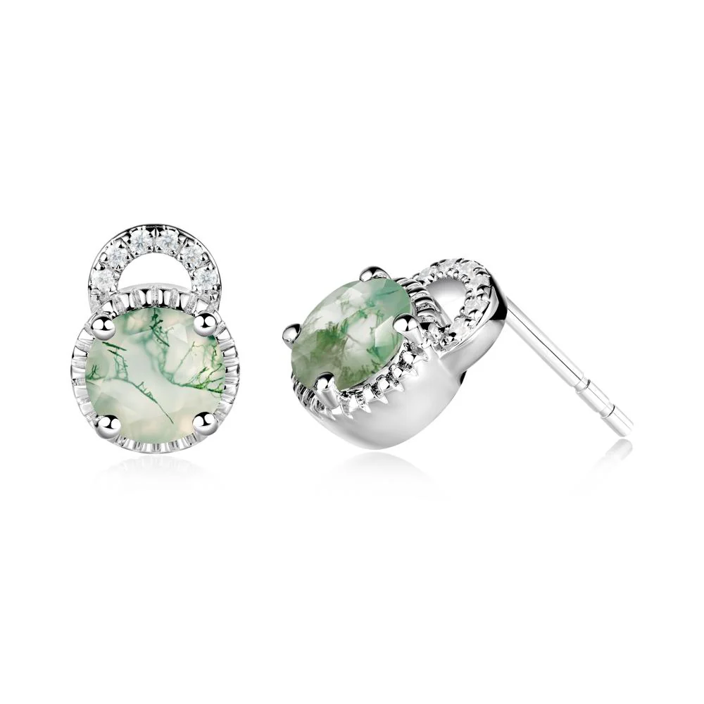 Moss Agate Stud Earrings with Decorative Halo - Image 2
