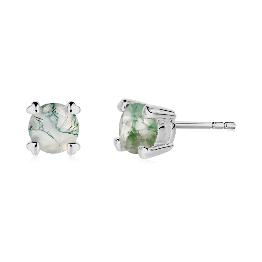 Moss Agate Stud Earrings with Heart Prongs - Image 2