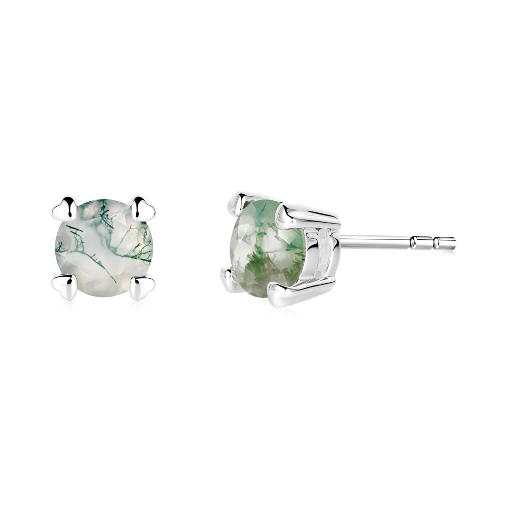 Moss Agate Stud Earrings with Heart Prongs - Image 3