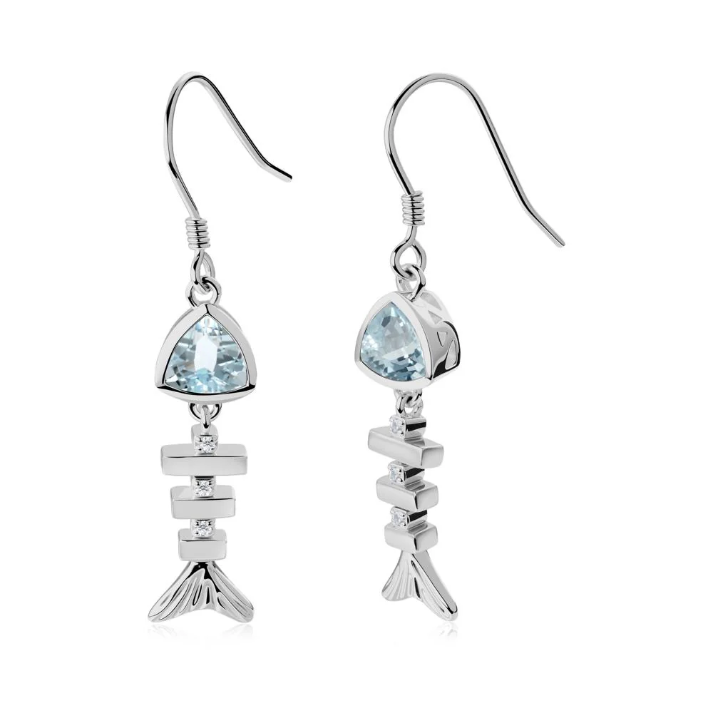 Movable Fishbone Aquamarine Fish Hook Earrings - Image 5