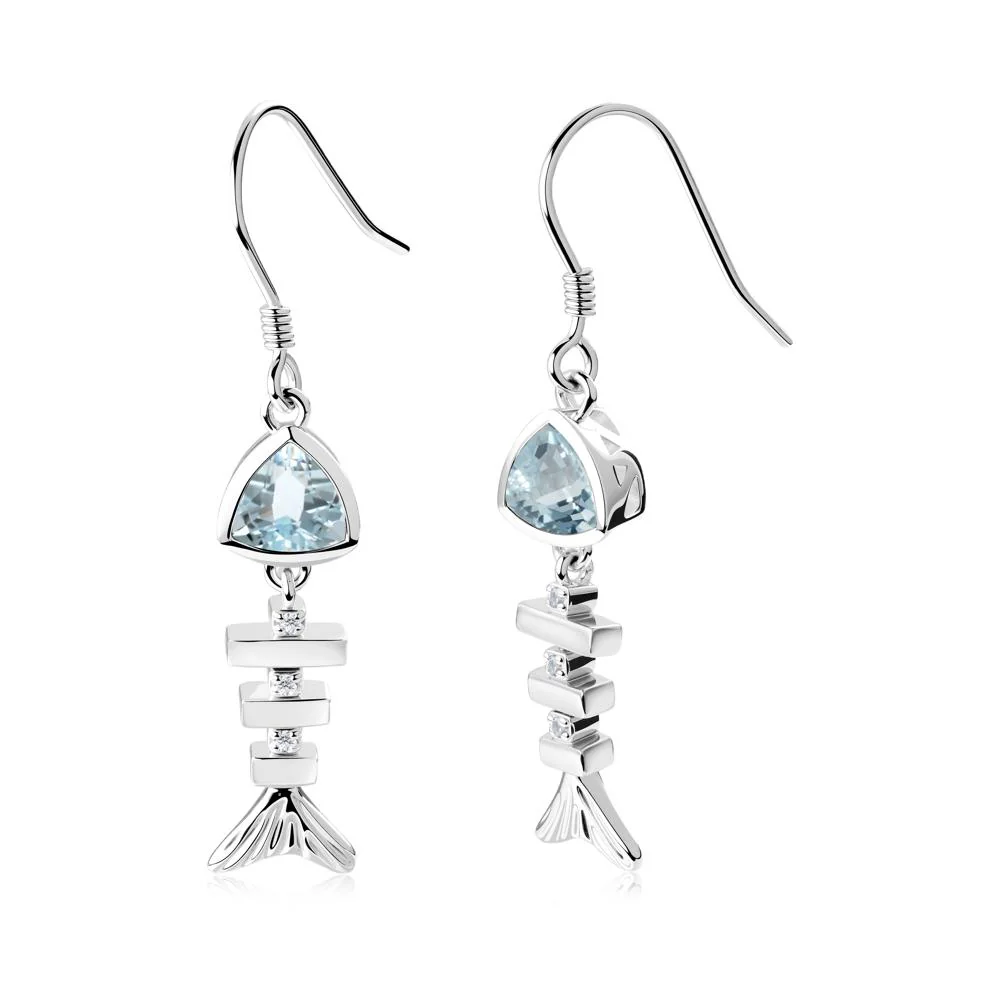 Movable Fishbone Aquamarine Fish Hook Earrings - Image 7