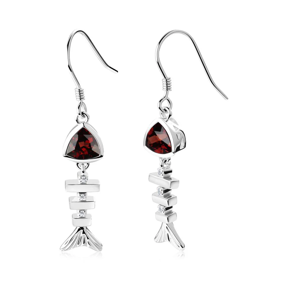 Movable Fishbone Garnet Fish Hook Earrings