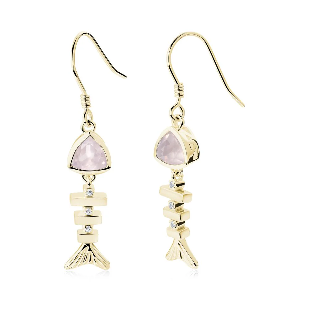 Movable Fishbone Rose Quartz Fish Hook Earrings - Image 2