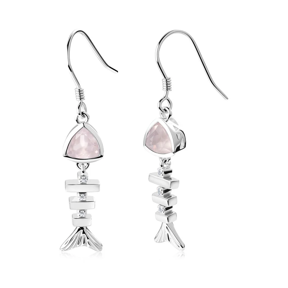 Movable Fishbone Rose Quartz Fish Hook Earrings - Image 5