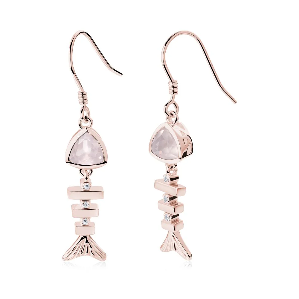 Movable Fishbone Rose Quartz Fish Hook Earrings - Image 8